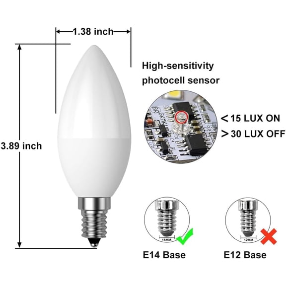 EFEMF-Dusk to Dawn Light Bulb, E14 Candelabra Light Sensing LED Bulbs Auto On/Off 5W 400LM Warm White 3000K for Home Outdoor Yard Porch Patio Garage Pathway, Can Replace 40W Incandescent Bulbs, Pack