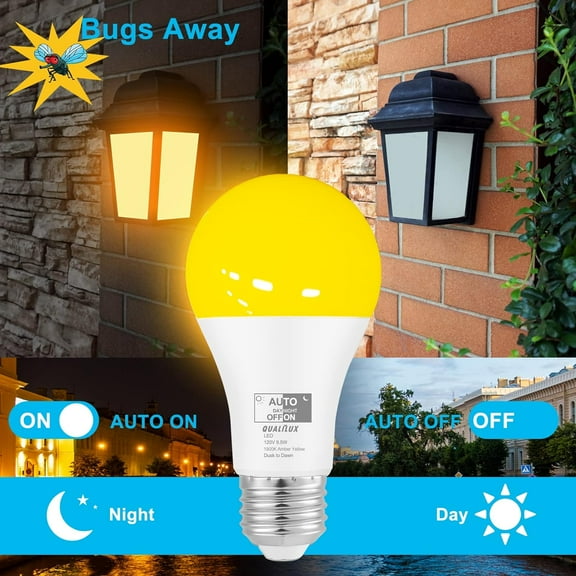 EFEMF-Dusk to Dawn Bug Light Bulbs Outdoor, 1900K Amber Yellow, 600 Lumen, LED 9.5W, A19 E26, 2-Pack, HQ-H017