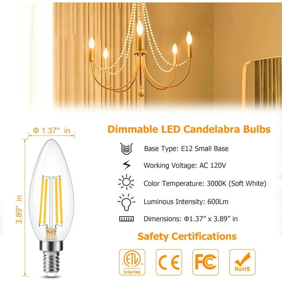 EFEMF-E12 Base 3000K LED Light Bulbs Dimmable, Soft White Candelabra LED Bulbs 60W Equivalent, Candle Shape Type B Light Bulbs for Chandelier, Decorative LED Filament Clear Glass, 600LM, 6 Pack