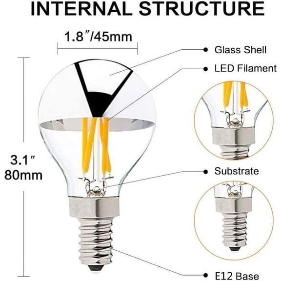 EFEMF-E12 G45(G14) Silver Half Chrome Light Bulb 4W Dimmable G45 Globe Mirror Reflected Light 40W Equivalent Warm White 2700K CRI 90+ 600 Lumen Silver Tipped Mirror Decorative Light Bulb,4 Pack