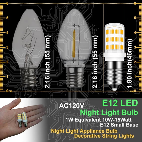 EFEMF-E12 LED Candelabra Base Night Light Bulb 1 Watt Equivalent 10W 15W, AC120V 2700K Warm White C7 E12 Small Bulbs for Salt Lamp Appliance Bulb Decorative String Lights, 4 Pack