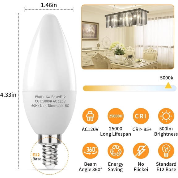 EFEMF-E12 LED Candelabra Bulbs 60W Equivalent, 5000K Daylight White, 6W B11 Candle Base Filament Vintage Light Bulbs, Non-Dimmable, Pack of 6