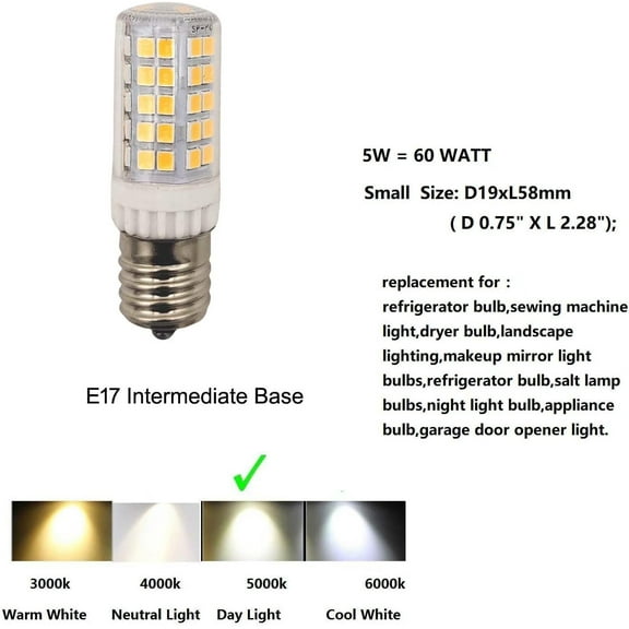 EFEMF-E17 Led Bulbs 5w Microwave Over Stove Bulb Equivalent 60w Incandescent Daylight 5000k Appliance Light for Microwave Light Dryer Range Hood Chandelier Refrigerator Lighting 4 Pack