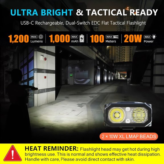 EFEMF-EDC Tactical Flashlight, 1200lm Flat LED Small Flashlight Rechargeable, Dual-Switches with Lock-Out & Clip, Digital Display Stainless Steel Compact Pocket Flash Light for Emergency, Camping (Bl