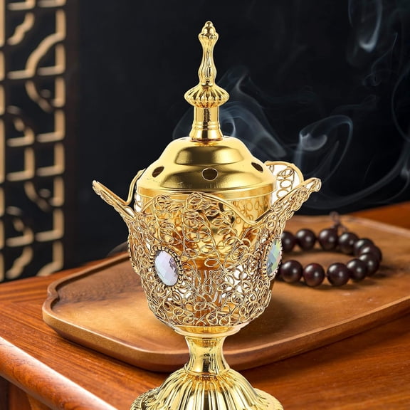 EFEMF-Electric Incense Burner Metal Bakhoor Burner Middle Eastern Style Tabletop Electric Censer for Home Office Yoga Spa Aromatherapy Decor (Gold)