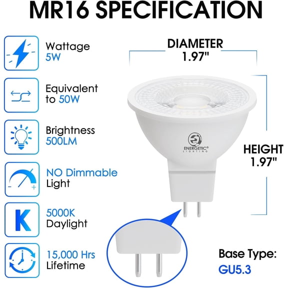 EFEMF-Energetic MR16 GU5.3 Bi-Pin Base LED Light Bulb, Non-Dimmable, 5W 12V 500LM, 50W Halogen Equivalent, CRI 80+, 40 Degree Beam Angle, 5000K Daylight, for Landscape, Recessed, Track Lighting, 6Pac