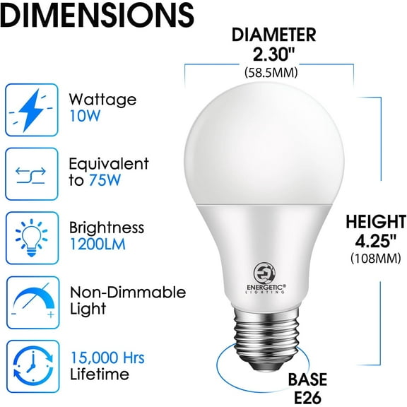 EFEMF-Energetic Super Bright 75 Watt Light Bulbs, 1200LM, Cool White 4000K, Non-Dimmable A19 LED Bulb, E26 Standard Base, UL Listed, 4 Pack
