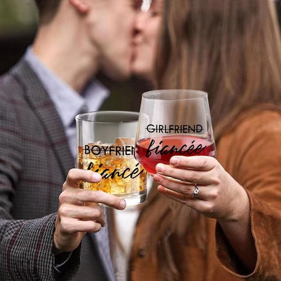 EFEMF-Engagement Gifts for Couples, 10 oz Whiskey and 12 oz Wine Glass Set, Newly Engaged Fiancee & Fiance Gifts for Women, Fade-Resistant, Beautiful Packaging, Proposal Decorations & She Said Yes Pr