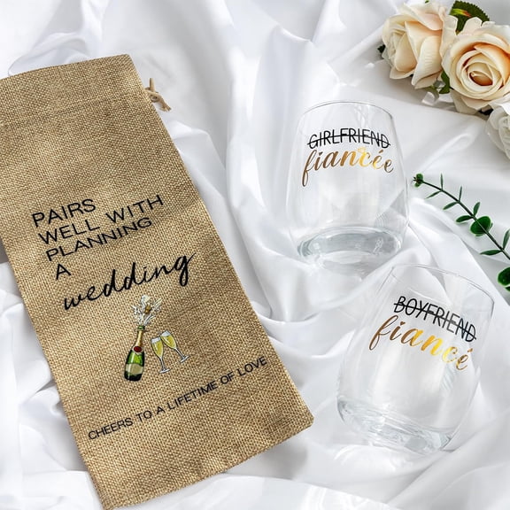 EFEMF-Engagement Gifts for Couples, Newly Engaged Wine Glass and Bag Set, Fiance Gifts for Women Her Girlfriend, Just Engaged Decorations for Engagement Wedding Party