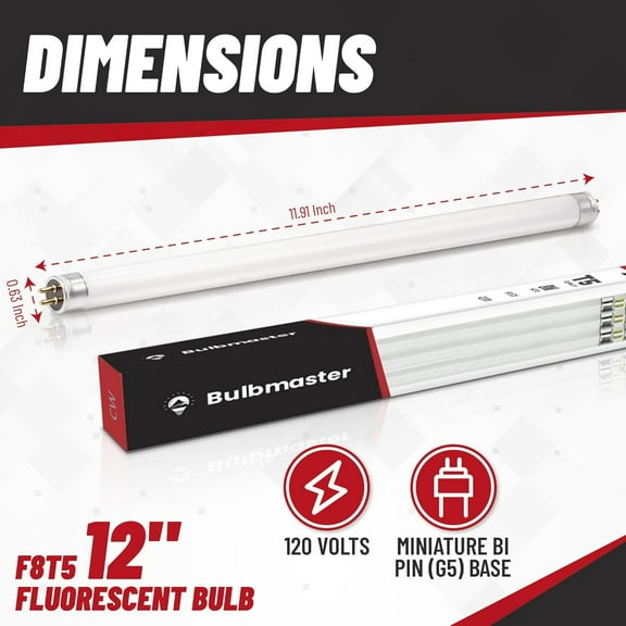 EFEMF-F8T5 CW Fluorescent Bulbs 12 Inch - F8 T5 8W Cool White 4100K Fluorescent 12" Under Cabinet Light Bulbs Linear T5 380 Lumens - Under The Counter Small Light Bulb - Pack of 2