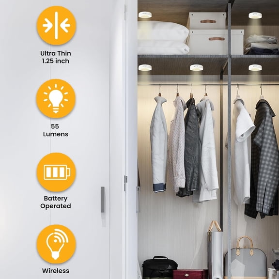 EFEMF-FA9099 LED Puck Lights with 2 Remotes (6 Pack) | 55 lumens Battery Operated Lights for Under Cabinets with Dimmer, Auto-Off Timer, Switchable 2 Color Temperature (Batteries Included)
