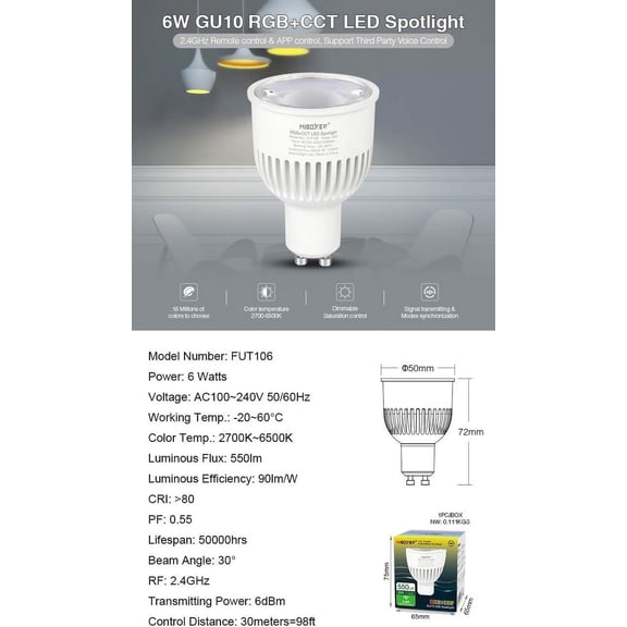 EFEMF-FUT106 Miboxer 6W 2.4GHz WiFi Led Spotlight Bulb GU10 AC 100-240V RGB+CCT Color Changing,Temperature Adjustable,Memory Funtcion.Smartphone APP Can't Control Directly