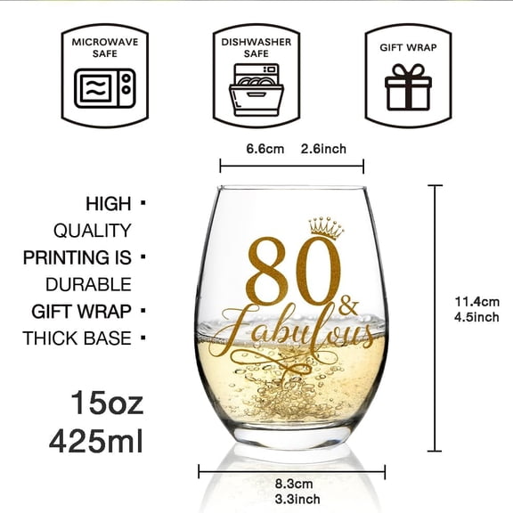 EFEMF-Fabulous Stemless Wine Glass & Linen Wine Gift Bag 15oz, Glitter Gold Design Happy Birthday Presents Wine Glass Gifts for Mom Dad Grandparents Woman Man Friends Aun (80th)