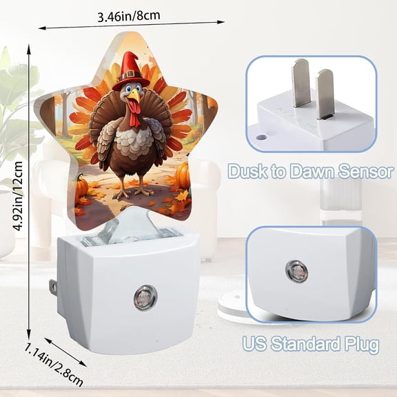 EFEMF-Fall Autumn Turkey Dusk to Dawn Star Night Light,Thanksgiving Day Smart Sensor Nightlight for Bedroom Kitchen Hallway Stairs,Plug-in Energy Efficient Decor Desk Lamp Women Men Gifts