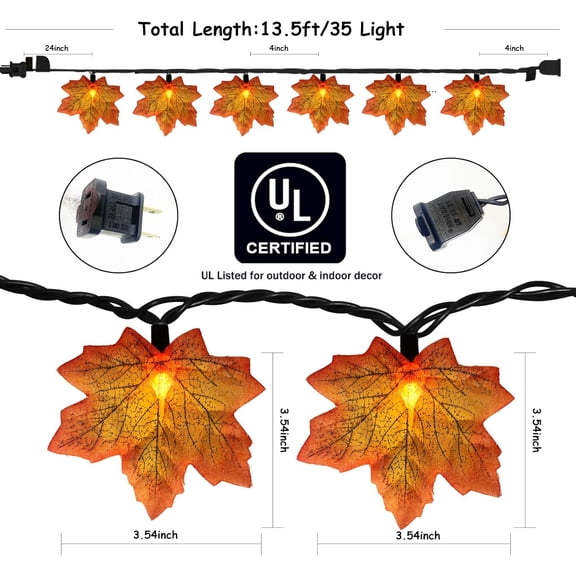 EFEMF-Fall Decor Orange Maple Leaf String Lights Plug in, 13.6Ft LED Outdoor Thanksgiving Decorations Lights with 35 Maple Leaves Light, Hanging Halloween Leaves Light for Outdoor Fall Party Window