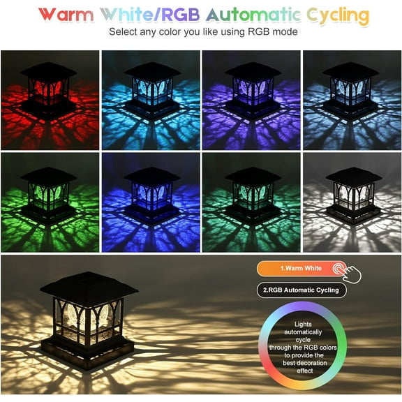 EFEMF-Fence Post Solar Lights, Crackle Glass Solar Post Cap Lights, 20 Lumens, Warm White & RGB Automatic Cycling 2 Modes for 3.6x3.6 4x4 4.5x4.5 5x5 Vinyl Wooden Posts Decoration, Black (1 Pack)