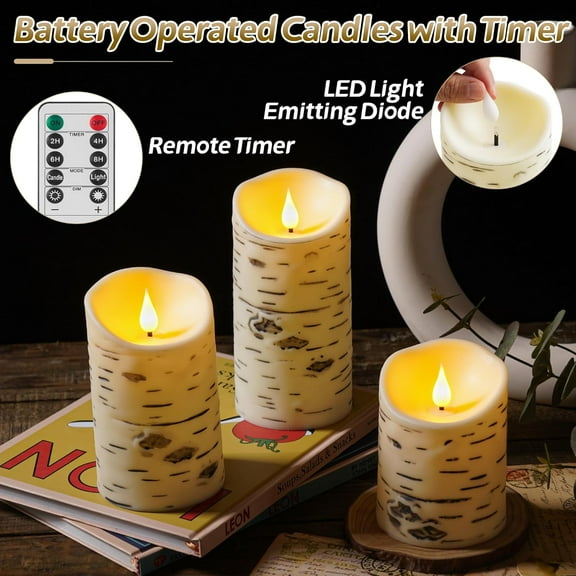 EFEMF-Flameless Birch Bark Candles Flashing Battery Operated Candles LED Pillar Candles with Remote Control and Timer Set of 3