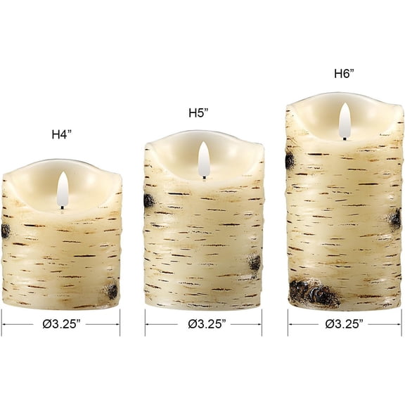 EFEMF-Flameless Candles LED Candles Birch Bark Set of 3 (D 3.25" x H 4" 5" 6") Ivory Real Wax Pillar Battery Operated Candles with LED Flame 10-Key Remote Control and Cycling 24 Hours Timer
