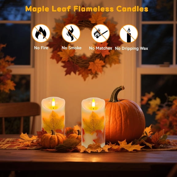 EFEMF-Flameless Candles Light, Set of 2 6"x3" Maple Leaf Flickering LED Candles with Remote & Timer, Dimmable Electric Pillar Candles Battery Operated, Fall Candles for Thanksgiving Harvest Autumn De