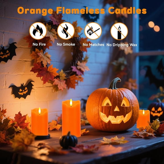 EFEMF-Flameless Candles Lights, Set of 3 Orange Flickering LED Candles with Remote & Timer, Dimmable LED Pillar Candles Battery Operated, Electric Candles for Fall Halloween Thanksgiving Decor (Orang