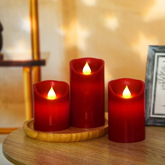 EFEMF-Flameless Candles Set of 3, 3.15 xH 4"/5"/6" Real Wax Not Plastic Pillars Include Realistic Dancing LED Flames and 10-Key Remote Control with 2/4/6/8-hours Timer Function,300+ Hours (31, Red)