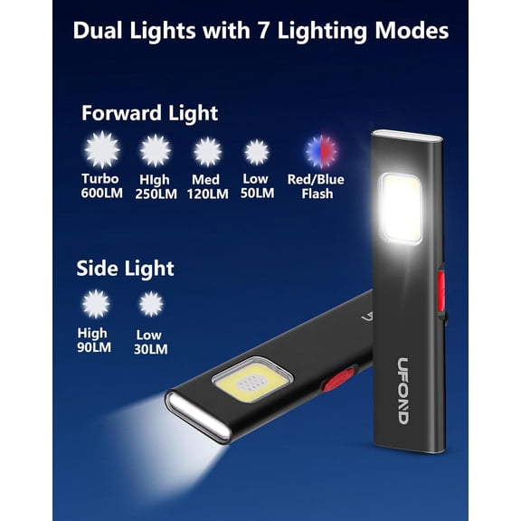 EFEMF-Flat Flashlight Rechargeable, 0.3 Inches Thin Mini Magnetic USB Work Light, Dual Lights 7 Modes with Pocket Clip,600 LM for Camping Hiking Mechanic Emergency, Waterproof Pocket Toollight