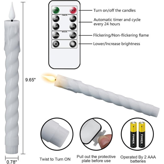 EFEMF-Flickering Flameless Taper Candles with Remote and Timer, 2 Pack Battery Operated LED Taper Candles 3D Wick Plastic Dripping Effect Dinner Wedding Holiday Decor(White, 0.78" D x 9.65" H)