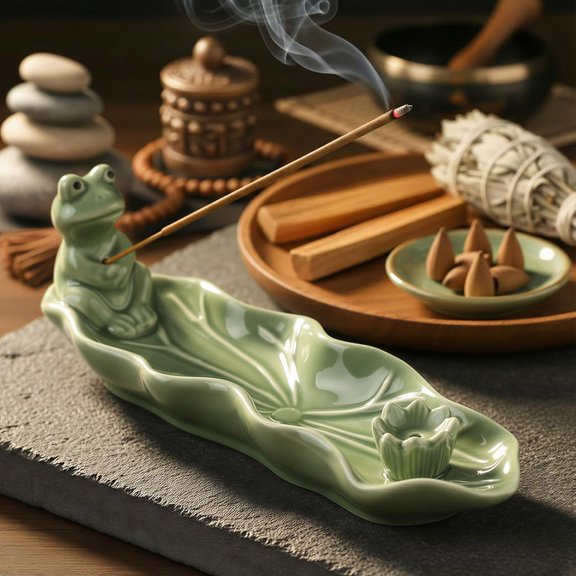 EFEMF-Frog Incense Holder for Sticks, Handmade Ceramic Holder for Burning Sage Sticks, Palo Santo, Cone and Backflow, Incense Burner for Meditation Room Home Decor, Frog Spiritual Gifts for Women