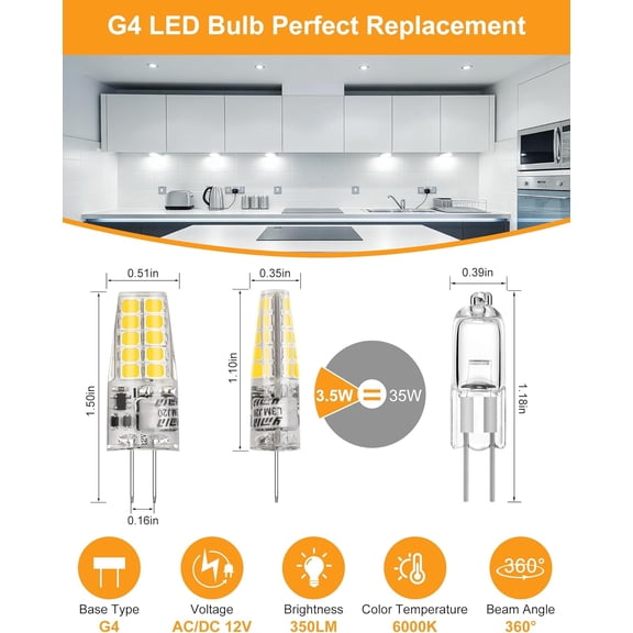 EFEMF-G4 LED Bulb 12V JC Type 20W/35W T3 G4 Halogen Replacement 6000K Daylight White 400LM No Flicker G4 Bi-Pin Base Chandelier/Landscape/Microwave Lighting (10-Pack)