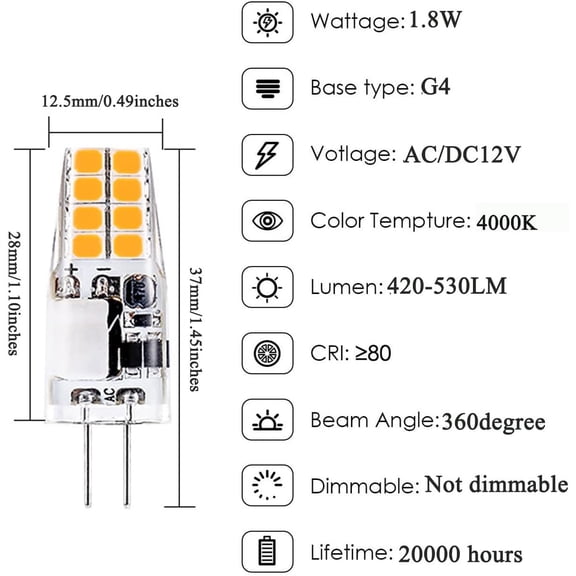 EFEMF-G4 LED Bulbs 12V JC Bi-Pin Base, Natural Light 4000K, 1.8W Replacement 20W T3 Halogen Bulb No Flicker for Landscape Lighting, AC/DC12V, G4 Base, Non-Dimmable, 10 Pack