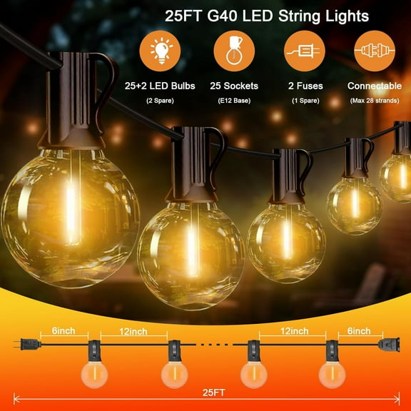 EFEMF-G40 LED Globe Outdoor String Lights 25FT, Waterproof & Shatterproof with 25 Clear Plastic Bulbs (2 Spare), Black Wire,for Cafe Bistro Porch Garden Balcony Party Decor
