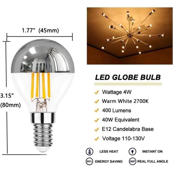 EFEMF-G45 G14 4W Dimmable E12 LED Edison Half Chrome Light Bulb Crown Globe Candelabra Base Silver Tip Decorative LED Edison Bulb 40 Watt Warm White 2700K 4Pack