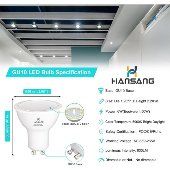 EFEMF-GU10 LED Bulbs 5000K Daylight, 6W (50W Equivalent Halogen Replacement), 600 Lumens, 120 Beam Angle Frosted MR16 Shape, GU10 Light Bulbs for Track Lighting, Non Dimmable Pack of 6