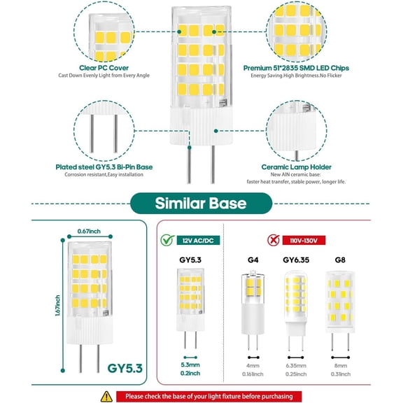 EFEMF-GY5.3 Bi-Pin Base LED Bulb AC12V -24V Low Voltage Light Bulbs, G5.3 MR16 12V LED Bulb, 360 Beam Angle for Landscape,Track Lighting Home Lighting,Appliance (Cool White 6000K, 4Pack)