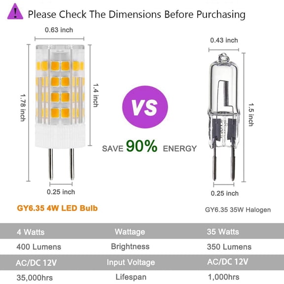 EFEMF-GY6.35/G6.35 AC/DC12V LED Bulb 4W Equivalent to 35-40W GY6.35 Halogen Lamp T4 JC Type Bi-pin Base Warm White 2700K, Non-dimmable (5 Pack)