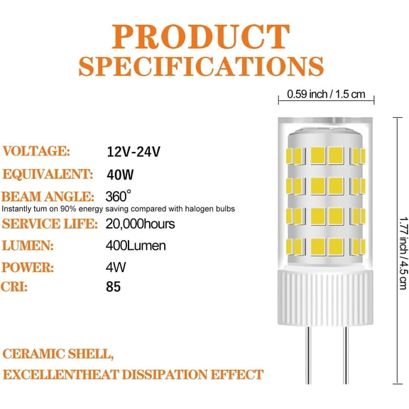 EFEMF-GY6.35 G6.35 Dual-Pin Base LED Bulb 4W AC/DC 12V-24V Landscape Lighting, JC Type, Equivalent to 35W-40W Q35/CL/T4 Halogen Bulb Non-Dimmable Flicker-Free 360 (Warm White 3000K, 2PACK)