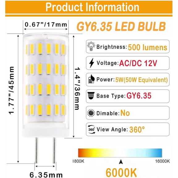 EFEMF-GY6.35 LED Bulb 5W Equivalent to 50W Halogen,AC/DC 12V Daylight White 6000K,GY6.35 Bi-pin Base JC Type Light Bulb for Pendant Light,Desk Light,Landscape Lighting,Non-dimmable(4-Pack)