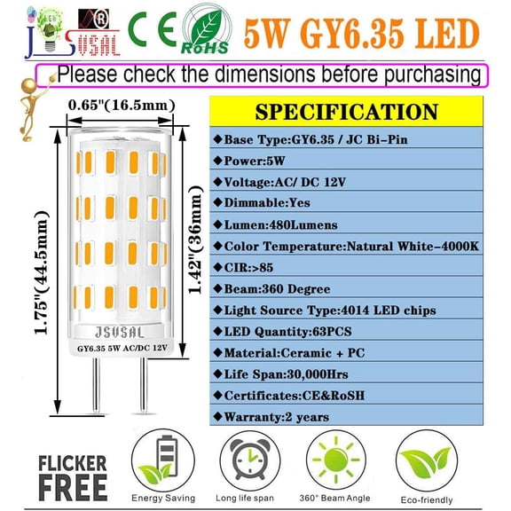 EFEMF-GY6.35 LED Bulb Dimmable,T4 JC Type GY6.35/G6.35 Bi-pin Base,AC/DC 12V Natural White 4000K 5W Equivalent 40-50W Halogen Bulb for Pendant Light,Chandelier,Desk Light,Landscape Lighting,6-Pack