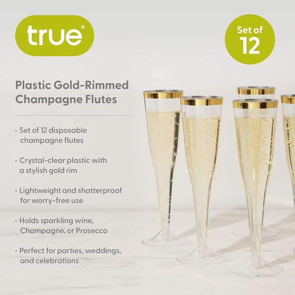 EFEMF-Gold Rimmed Disposable Champagne Flutes Plastic, Champagne Glasses, Toasting Flutes for Weddings, Cocktails, Birthday, Home Bar, 5.5oz, Set of 12