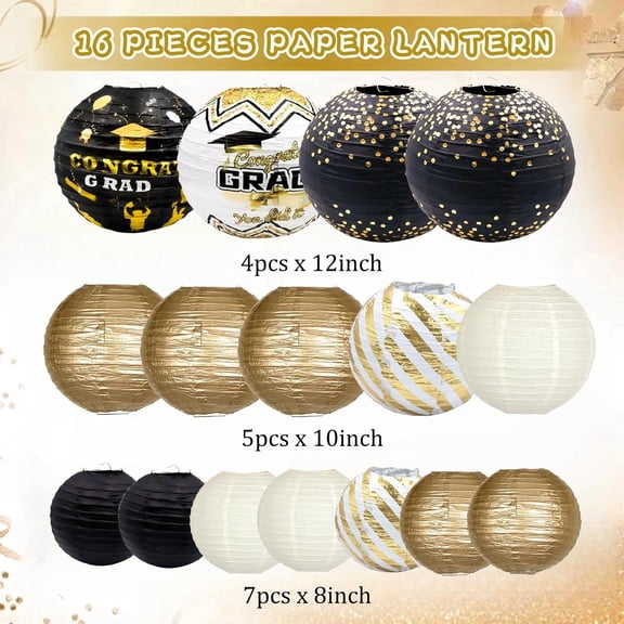 EFEMF-Graduation Paper Lanterns Party Decorations, Black and Gold Hanging Paper Lanterns for Class of 2025 Decorations, Congratulation Graduation Party Supplies, School, Home, Car Grad Decor, 16PCSs