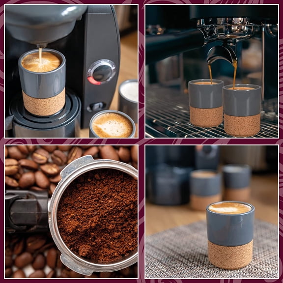 EFEMF-Grey Double Espresso Cups Set of 2 - Removable Cork Insulating Base Modern Ceramic Coffee Cup Mug 4oz with Removable Cork Sleeve - Stackable - Handleless