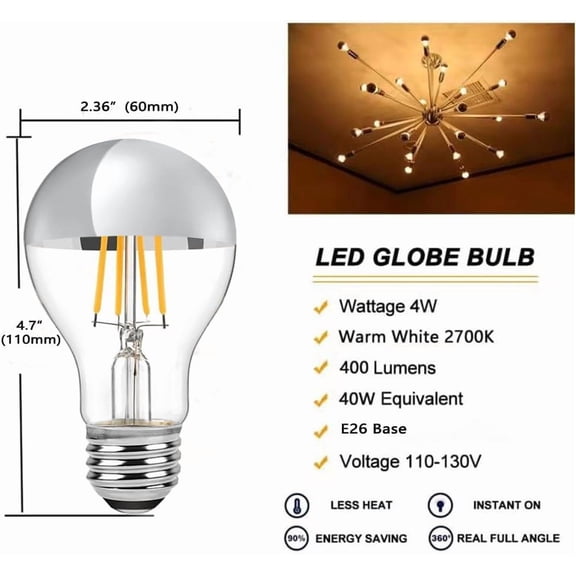 EFEMF-Half Chrome LED Light Bulb 4W (40 Watt Equivalent), Dimmable A19 E26 2700K Warm White Decorative Edison Bulb, Silver Mirror Reflected Light, Pack of 2