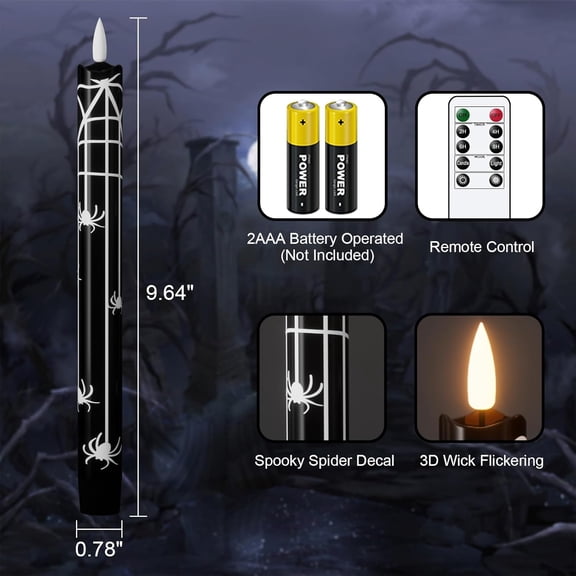 EFEMF-Halloween Flameless Flickering Taper Candles with Remote and Timer, Battery Operated Spider Web Decal Real Wax Black LED Window Candles Set of 4 Table Centerpiece Horror Halloween Decor
