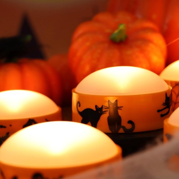 EFEMF-Halloween LED Pumpkin Lights with Remote Timer Bright Flickering Battery Operated Jack-O-Lantern Electric Flameless Candles with Decals Halloween Decorations Holiday Decor 4 Pack Orange