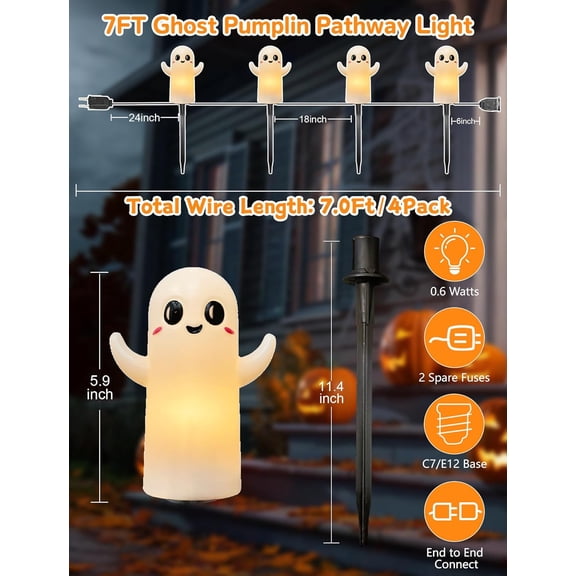 EFEMF-Halloween Pathway Lights, Halloween Stake Ghost Lights Built-in 4 C7 LED Bulbs for Halloween Holiday Outdoor Yard Garden Walkway Driveway Decor, 7Ft 4PK