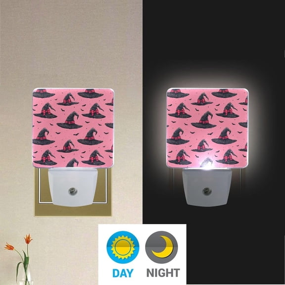 EFEMF-Halloween Witch Pink Bow Happy Halloween LED Sensor Night Light Set of 2 Happy Black Bat Castle Moon Spooky Ghost Boo with Adjustable Brightness Eye-Caring for Home Bedroom Office Parlour