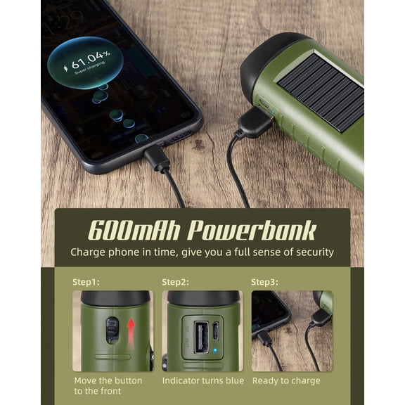 EFEMF-Hand Crank Solar Powered Flashlights,Compact Emergency USB Rechargeable LED Flashlight Handheld Survival Flashlight,Quick Snap Carbiner Dynamo Flashlight for Outdoor,Sports,Hiking-Green