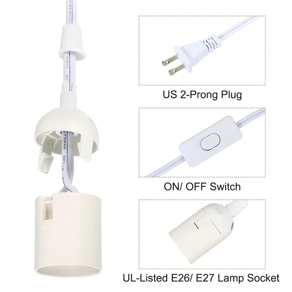 EFEMF-Hanging Light Cord Pendant Light Cord with Switch Light Socket Extension Light Bulb Socket Cable Lamp Kit for E26 E27 Lamp Socket Lantern (White)