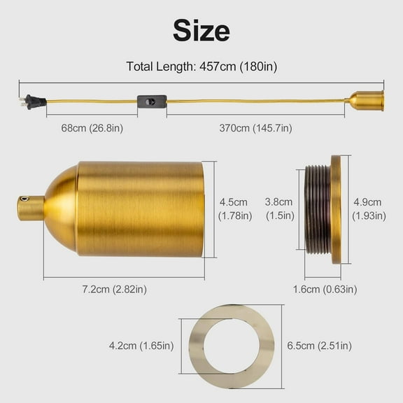 EFEMF-Hanging Lights with Plug in Pendant Cord Switch Golden Light Bulb Socket with Industrial Extension Rope DIY lamp Replacement Pendant Light kit Lantern Cord Porcelain Fixture Fabric Cable 15ft