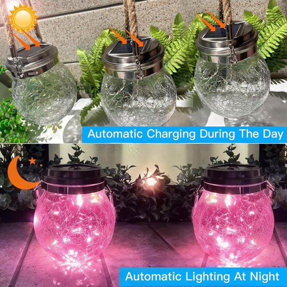 EFEMF-Hanging Outdoor Solar Lights, 1 Pack 30LED Cracked Glass Ball Decorative Lights,Solar Powered Waterproof Landscape Lights with Handle for Tree Yard Garden Patio Fence Holiday Decor(Pingk)